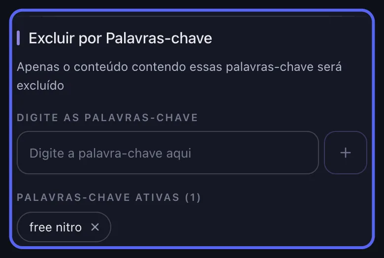 Opções de exclusão do Unpost no Discord com o filtro de palavras-chave em destaque