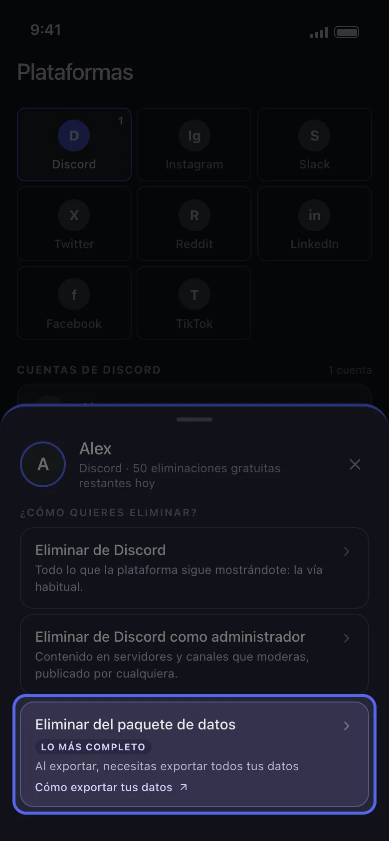 Hoja de cuenta de Discord en Unpost con Eliminar desde paquete de datos resaltado