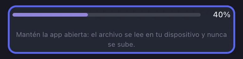 Unpost leyendo la exportación de Discord en el dispositivo con la barra de progreso Importando resaltada