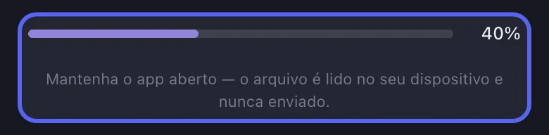 Tela do Unpost lendo a exportação do Discord no dispositivo com a barra de progresso da importação destacada