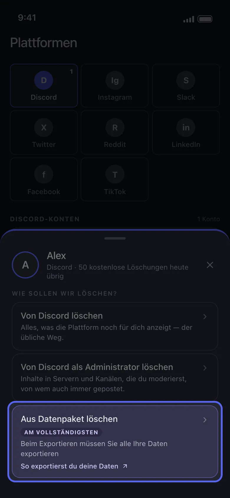 Unpost-Kontomenü für Discord mit hervorgehobenem „Aus Datenpaket löschen“