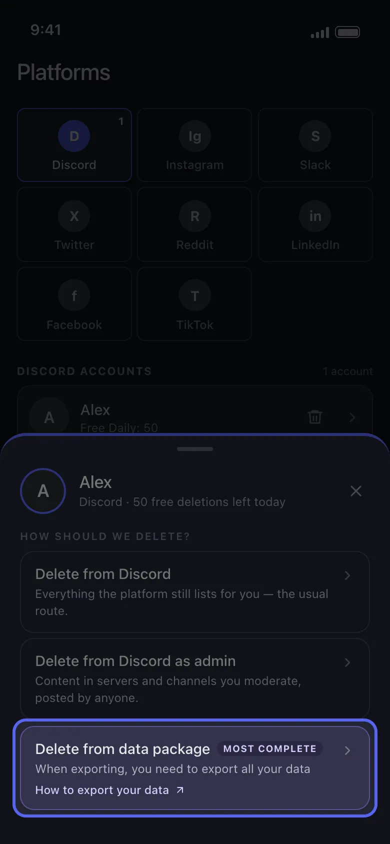 Lembar akun Discord Unpost dengan opsi Delete from Data Package disorot