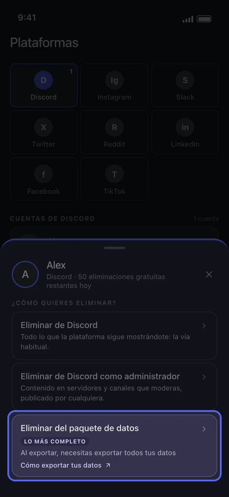 Hoja de cuenta de Discord en Unpost con Eliminar del paquete de datos resaltado