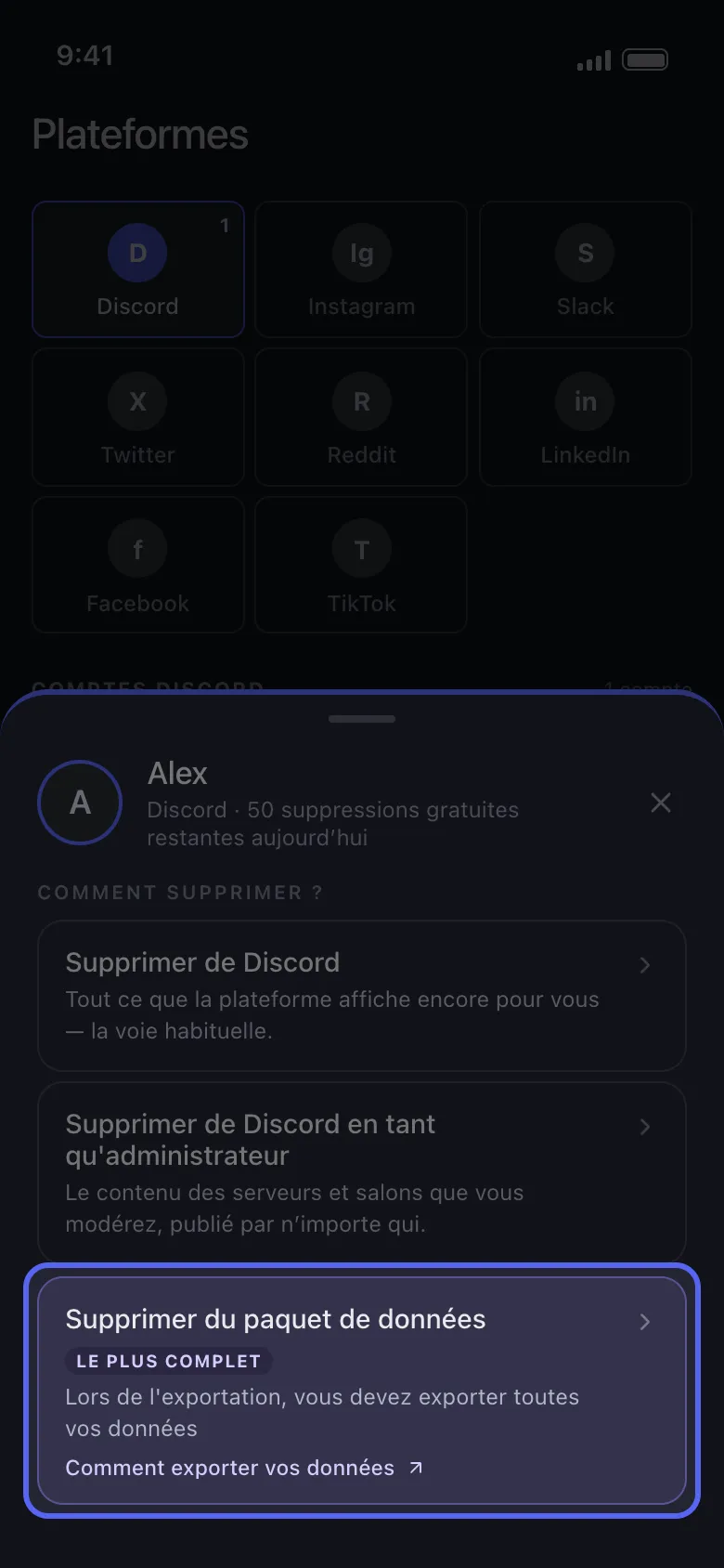 Menu d’action Discord dans Unpost avec « Supprimer du paquet de données » mis en avant