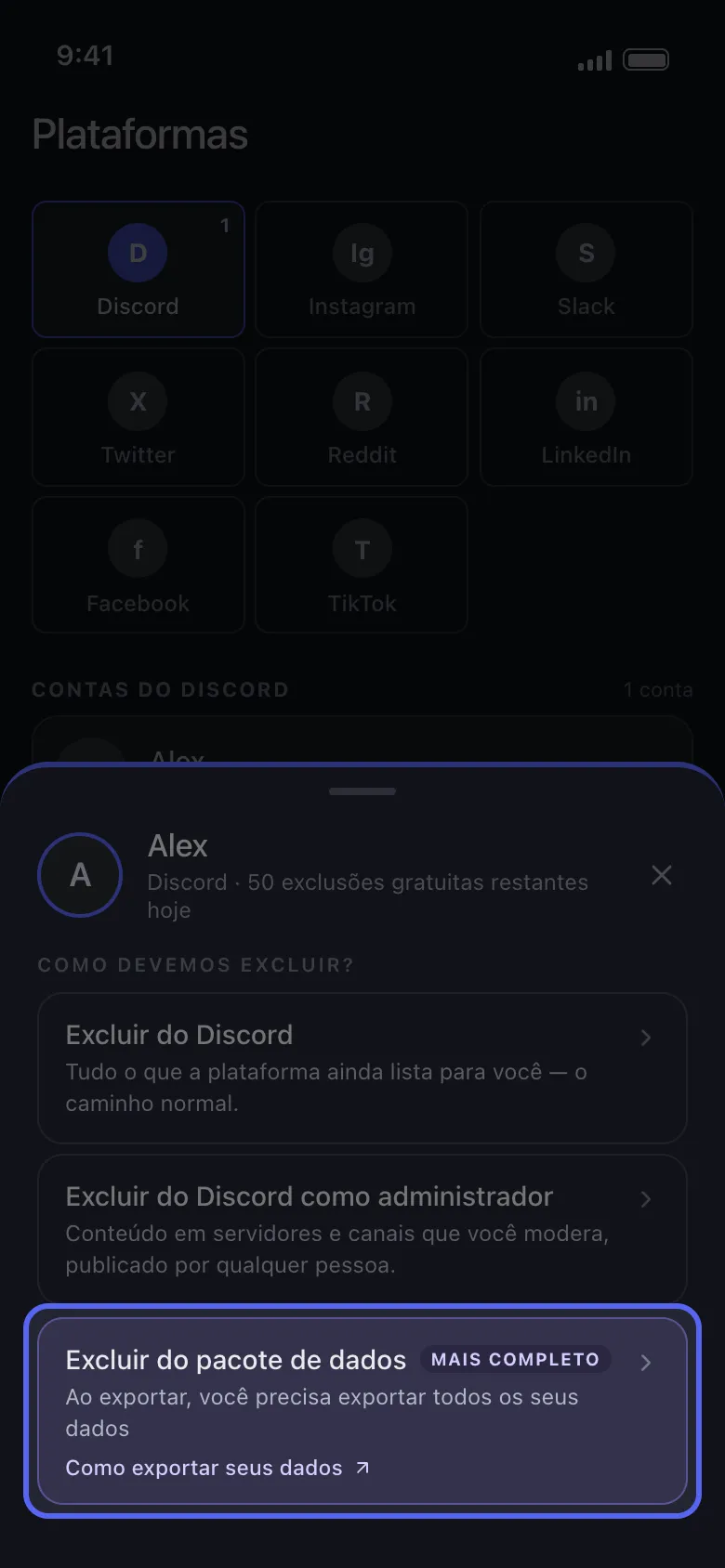 Menu de ações do Discord no Unpost com a opção Excluir do pacote de dados destacada ao lado dos modos ao vivo