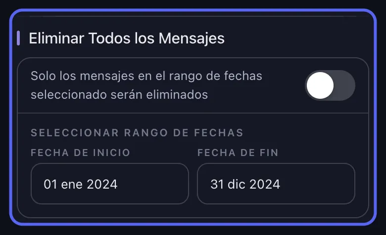 Opciones de borrado de Discord en Unpost con la sección Seleccionar Rango de Fechas resaltada