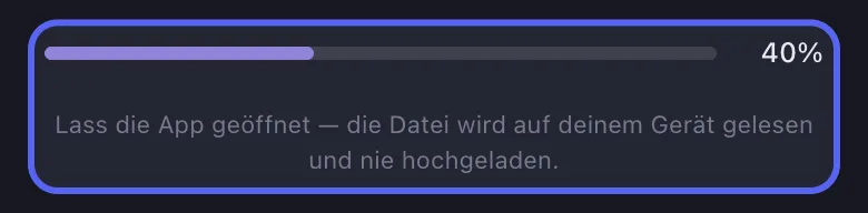 Unpost liest den Discord-Export auf dem Gerät mit hervorgehobener Importfortschrittsanzeige
