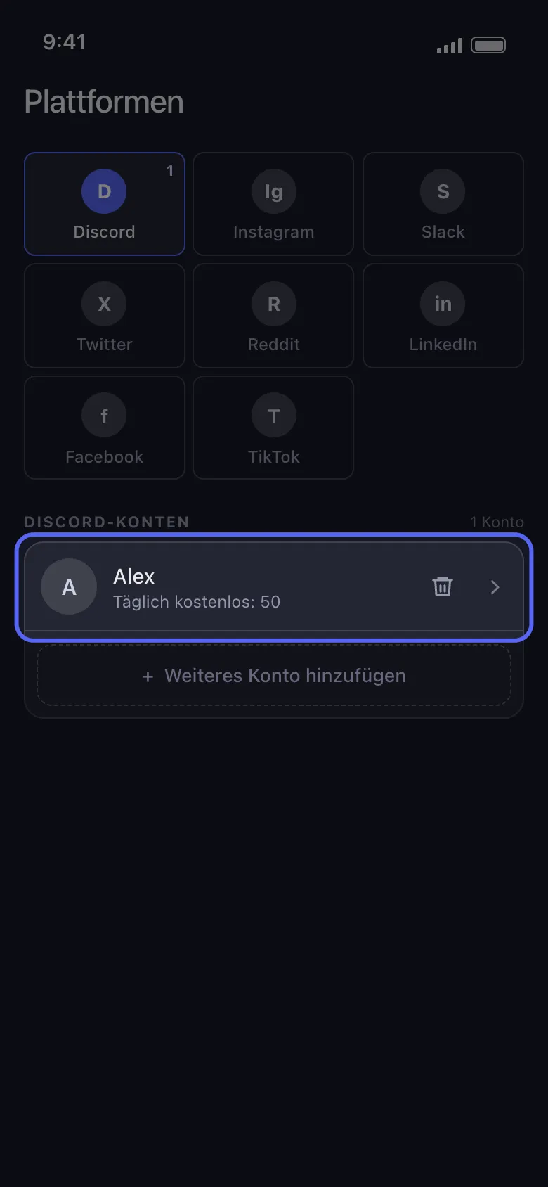 Unpost-Plattformbildschirm mit hervorgehobener Zeile des verbundenen Discord-Kontos
