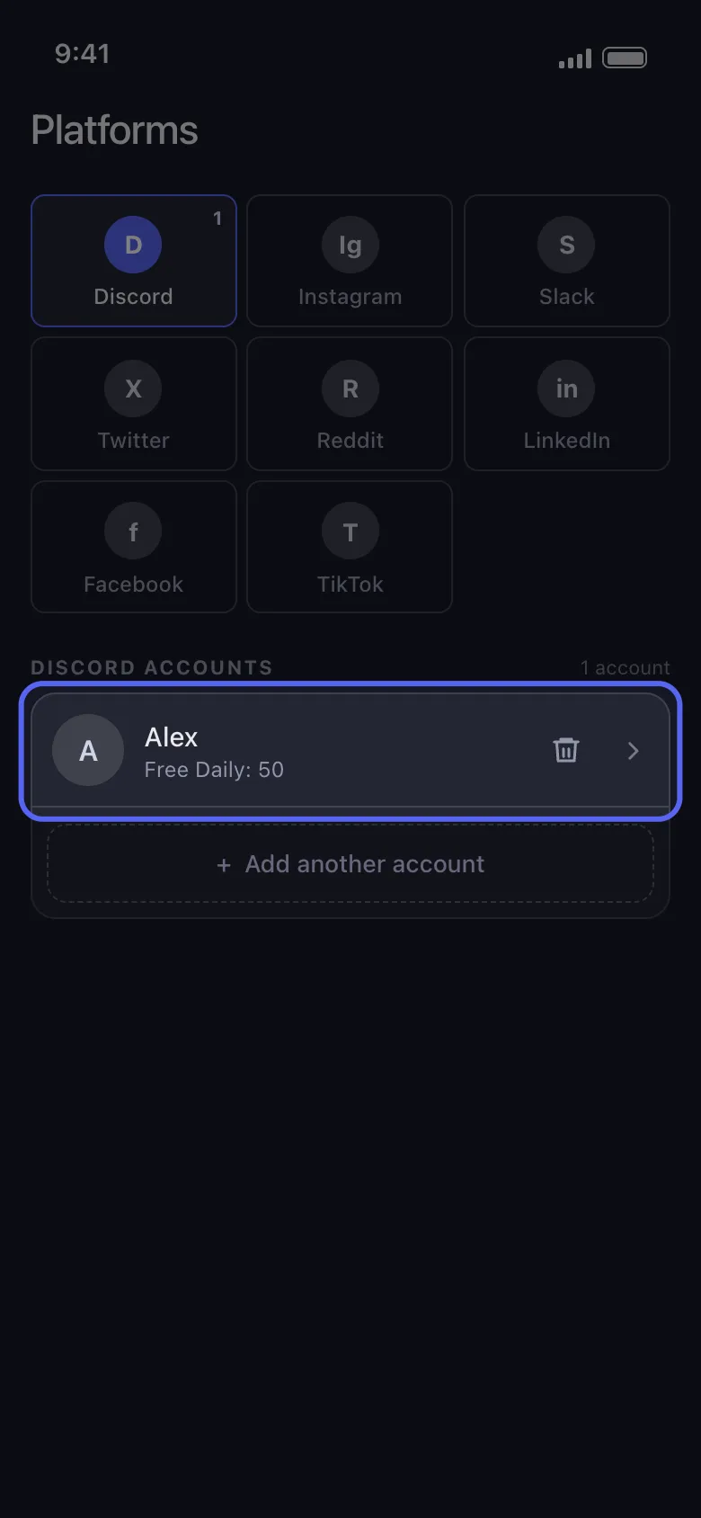 Layar platform Unpost dengan baris akun Discord yang disorot