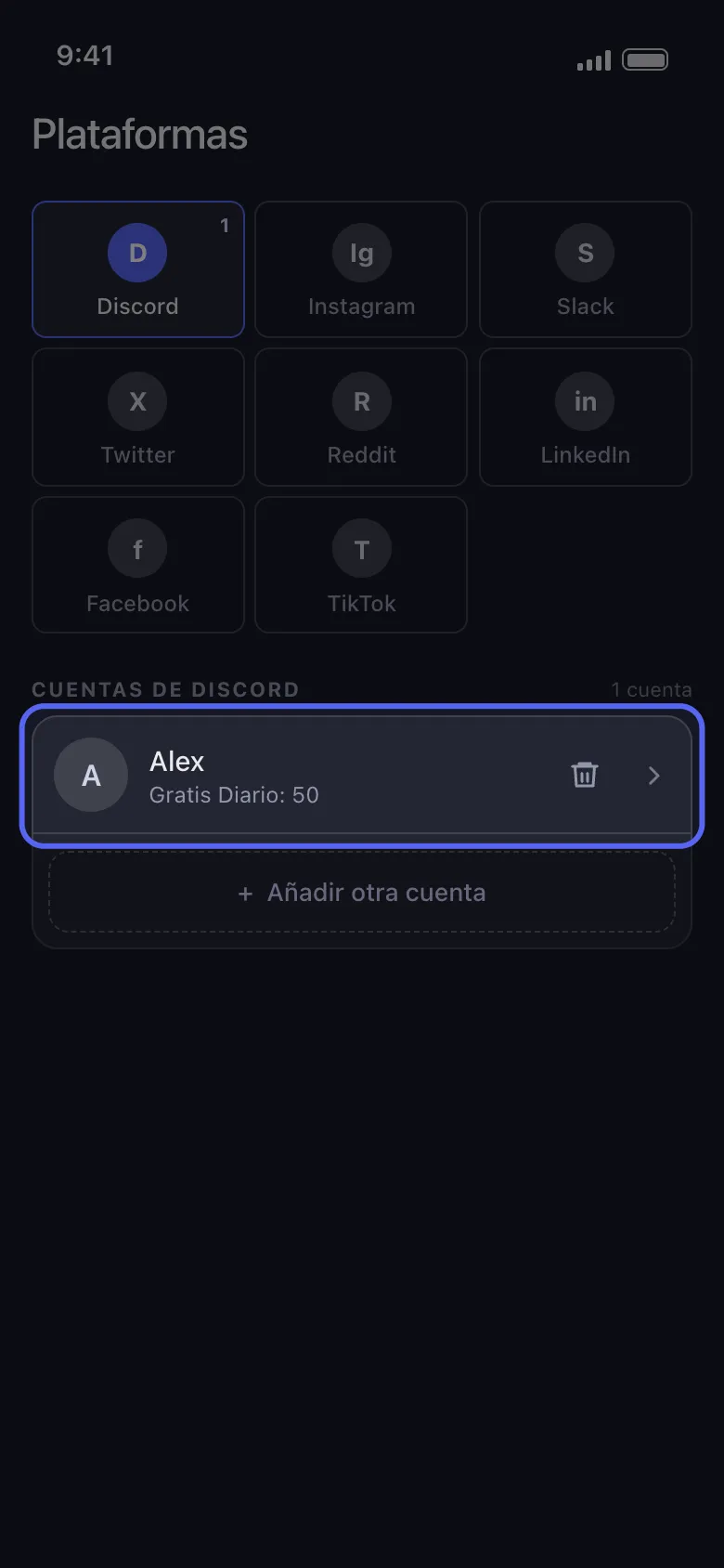 Pantalla de plataformas de Unpost con la fila de la cuenta de Discord conectada resaltada