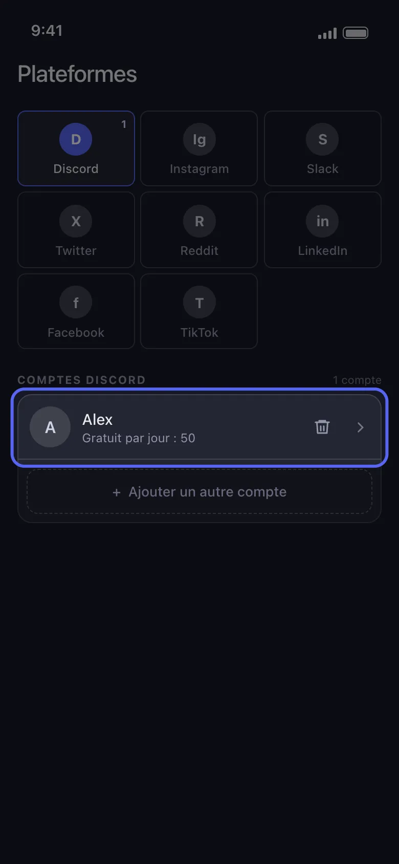 Écran Plateformes d’Unpost avec la ligne du compte Discord connecté mise en avant