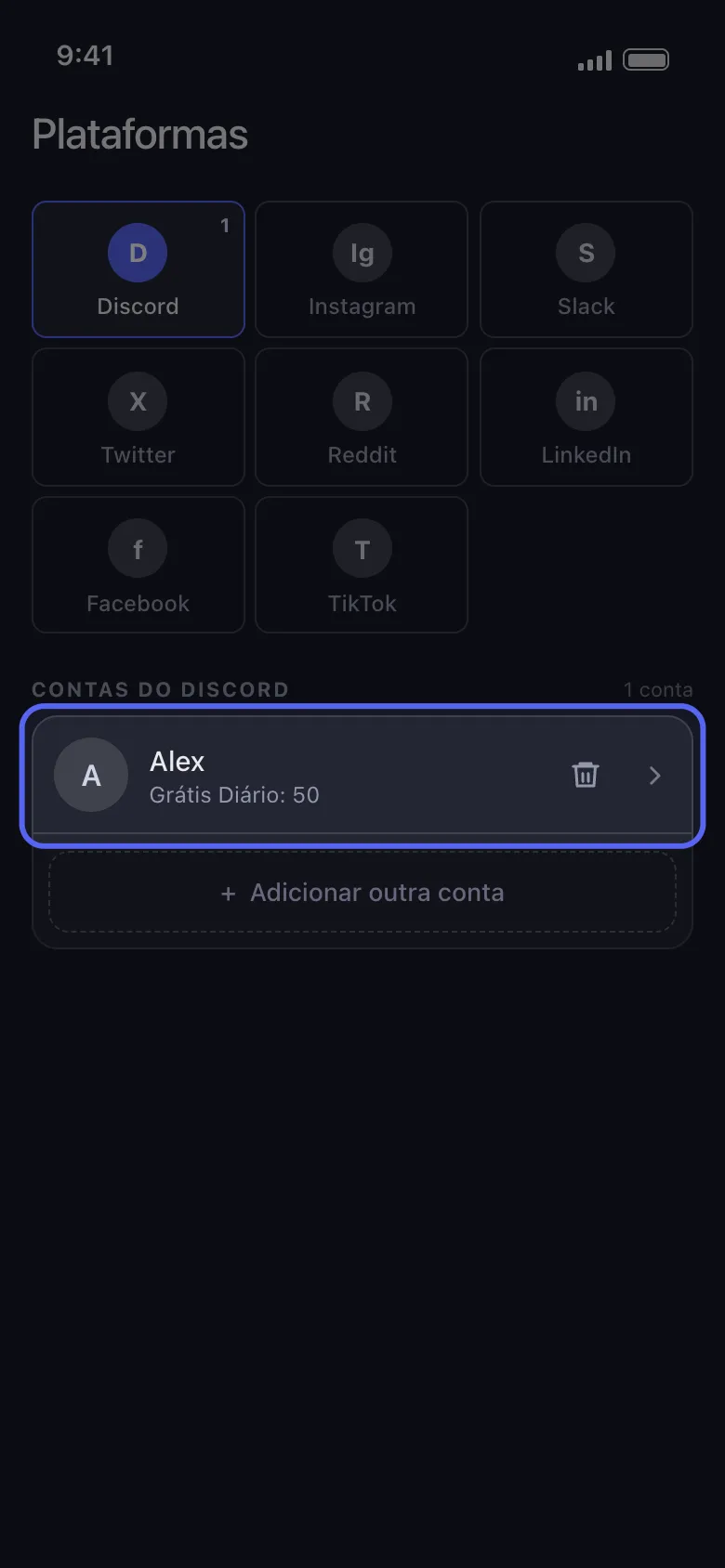 Tela de plataformas do Unpost com a linha da conta do Discord conectada destacada