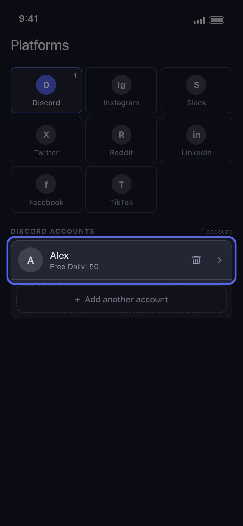 Unpost platformlar ekranında bağlı Discord hesap satırı vurgulanmış