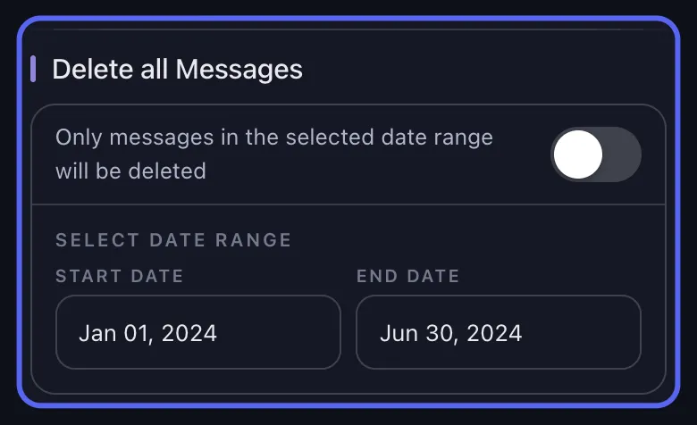 Opsi hapus Discord di Unpost dengan bagian rentang tanggal disorot: sakelar "Delete all Messages" (Hapus semua pesan) dimatikan serta kolom "Start Date" (Tanggal mulai) dan "End Date" (Tanggal akhir) terisi