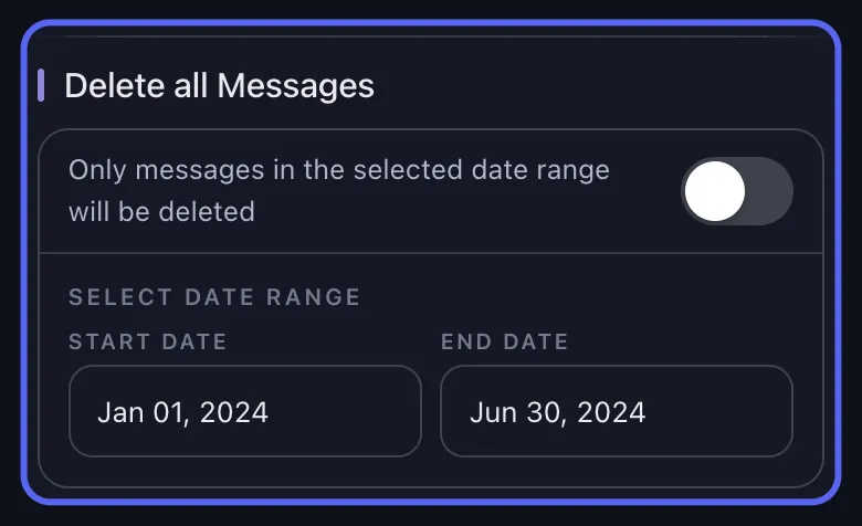 Unpost'un Discord silme seçenekleri, tarih aralığı bölümü vurgulanmış: Delete all Messages anahtarı kapatılmış, Start Date ve End Date alanları doldurulmuş