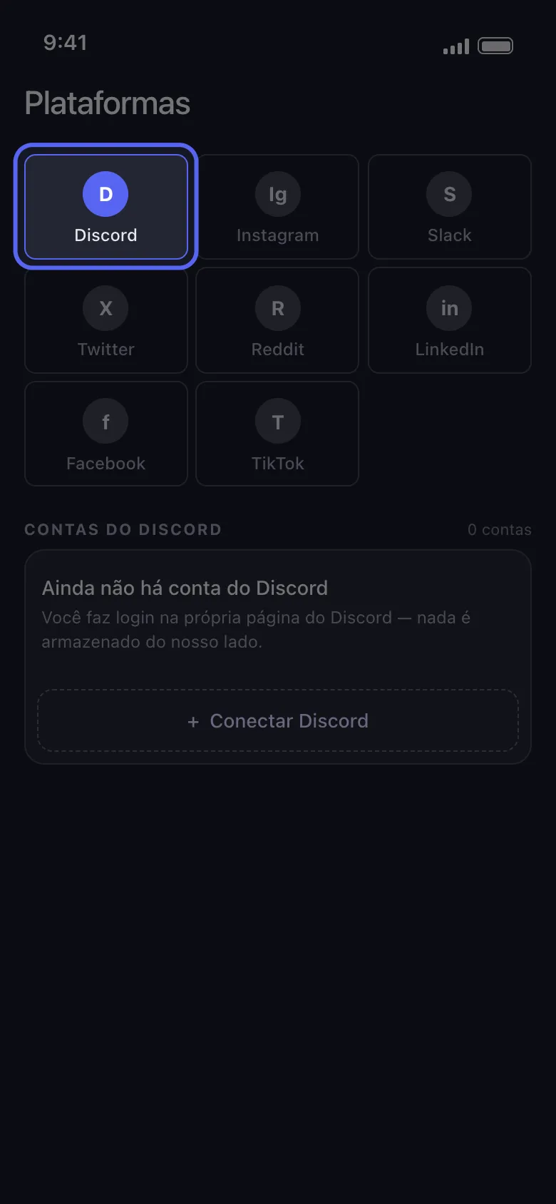 Tela inicial do Unpost com um botão para cada plataforma e o botão do Discord em destaque