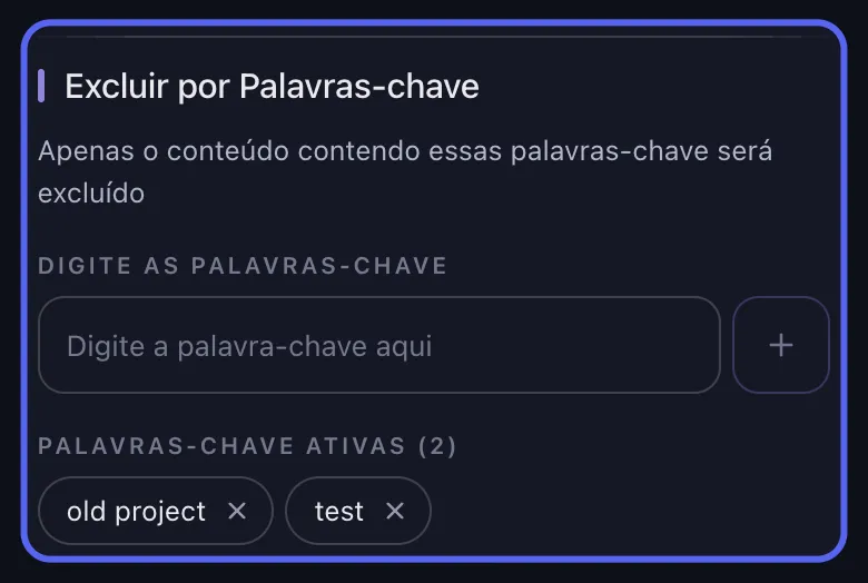 Opções de exclusão do Discord no Unpost com a seção "Excluir por Palavras-chave" em destaque: o campo "Digite a palavra-chave aqui" e as tags de palavras-chave adicionadas