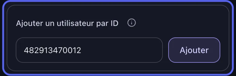 Carte « Ajouter un utilisateur par ID » d'Unpost en mode admin Discord, avec un identifiant utilisateur saisi et le bouton Ajouter