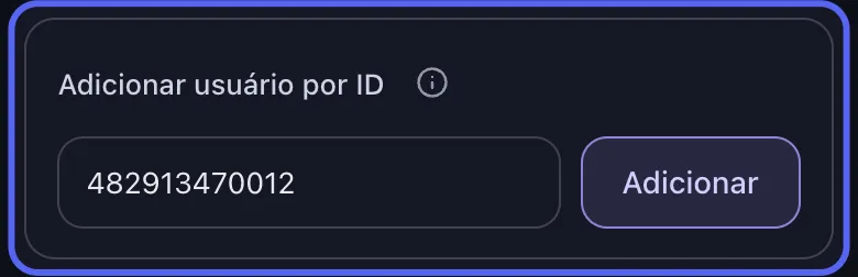 Cartao Adicionar usuario por ID do Unpost no modo admin do Discord, com uma ID digitada e o botao Adicionar