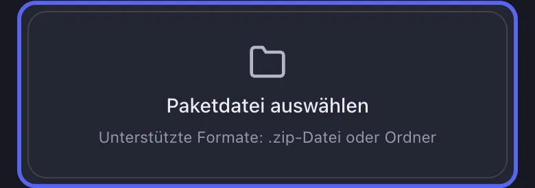 Unposts Schaltflache Paketdatei auswahlen zum Importieren eines Discord-Datenpakets, unterstutzt eine ZIP-Datei oder einen Ordner
