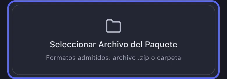 Boton Seleccionar Archivo del Paquete de Unpost para importar un paquete de datos de Discord, compatible con archivo .zip o carpeta
