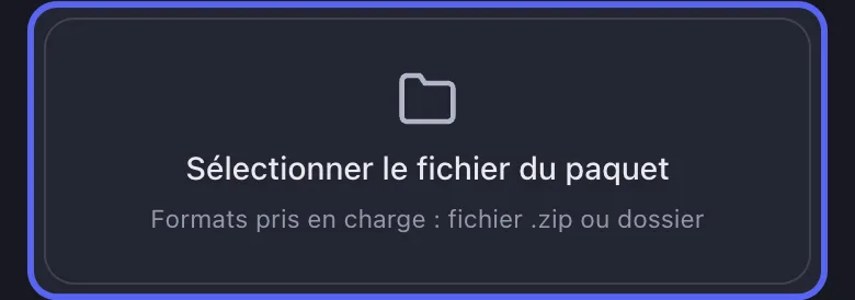 Bouton « Sélectionner le fichier du paquet » d'Unpost pour importer un paquet de données Discord, au format .zip ou dossier