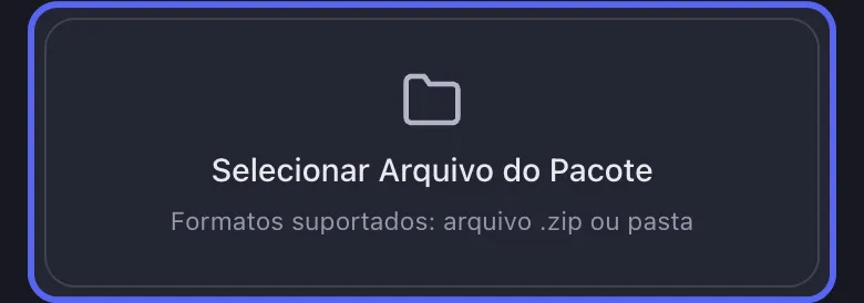 Botao Selecionar Arquivo do Pacote do Unpost para importar um pacote de dados do Discord, aceitando um arquivo .zip ou uma pasta