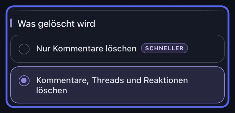 Unposts Discord-Loschoptionen mit einem Zeitraum 2024, der hervorgehobenen Wahl zwischen Nur Kommentare loschen und Kommentare, Threads und Reaktionen loschen sowie einem aktiven Schlusselwort-Chip