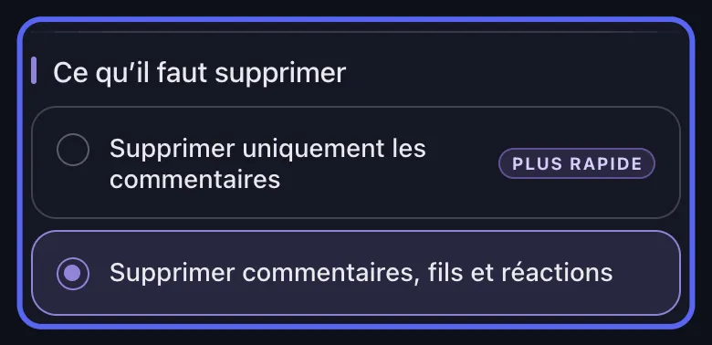 Options de suppression Discord d'Unpost avec une plage de dates 2024, le choix entre « Supprimer uniquement les commentaires » et « Supprimer commentaires, fils et réactions » mis en avant, et un mot-clé actif