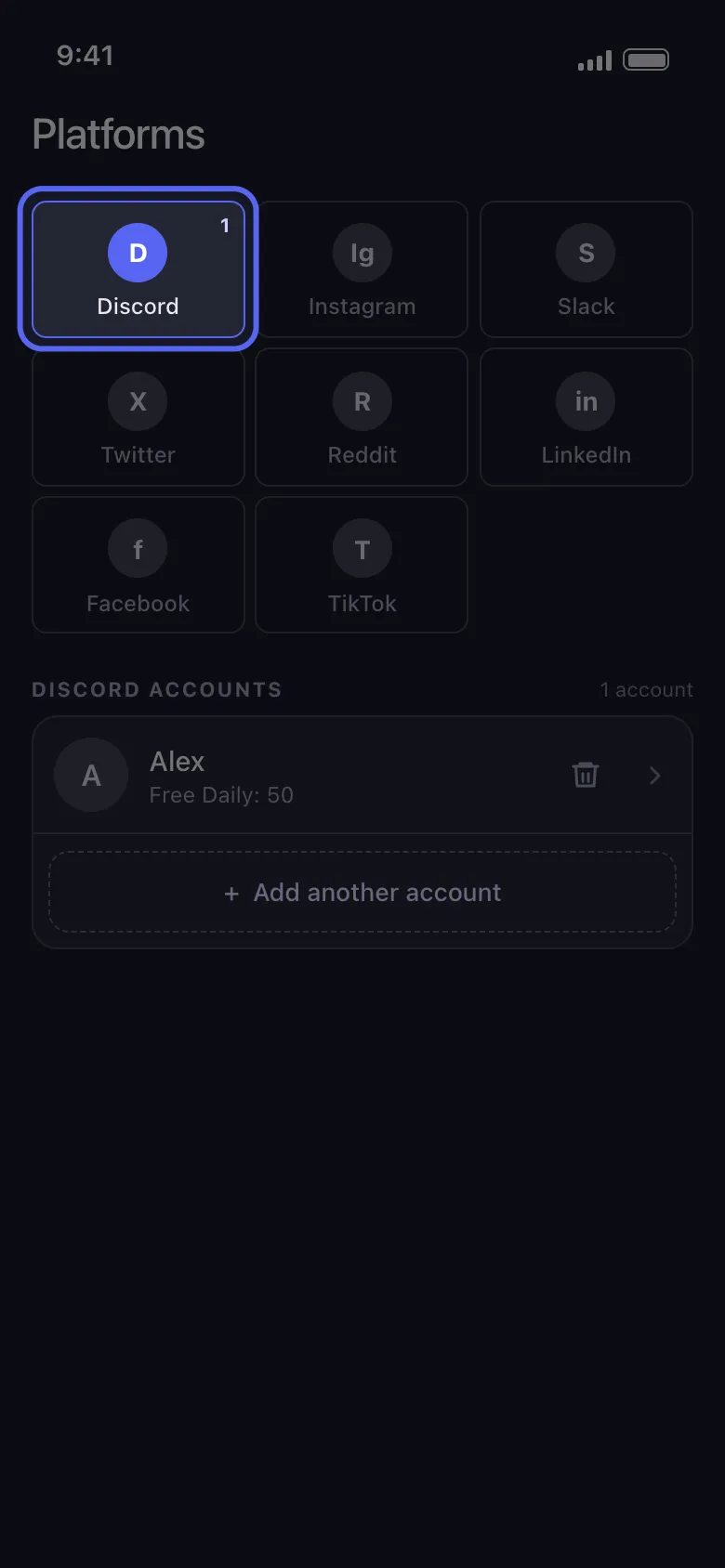 Unpost's "Platforms" screen with the "Discord" tile selected and one Discord account connected.