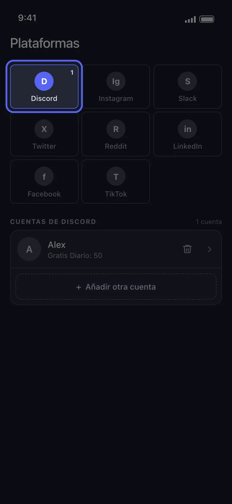La pantalla «Plataformas» de Unpost con la tarjeta «Discord» seleccionada y una cuenta de Discord conectada.