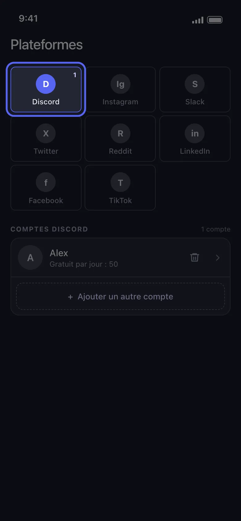 L'écran « Plateformes » d'Unpost avec la tuile « Discord » sélectionnée et un compte Discord connecté.