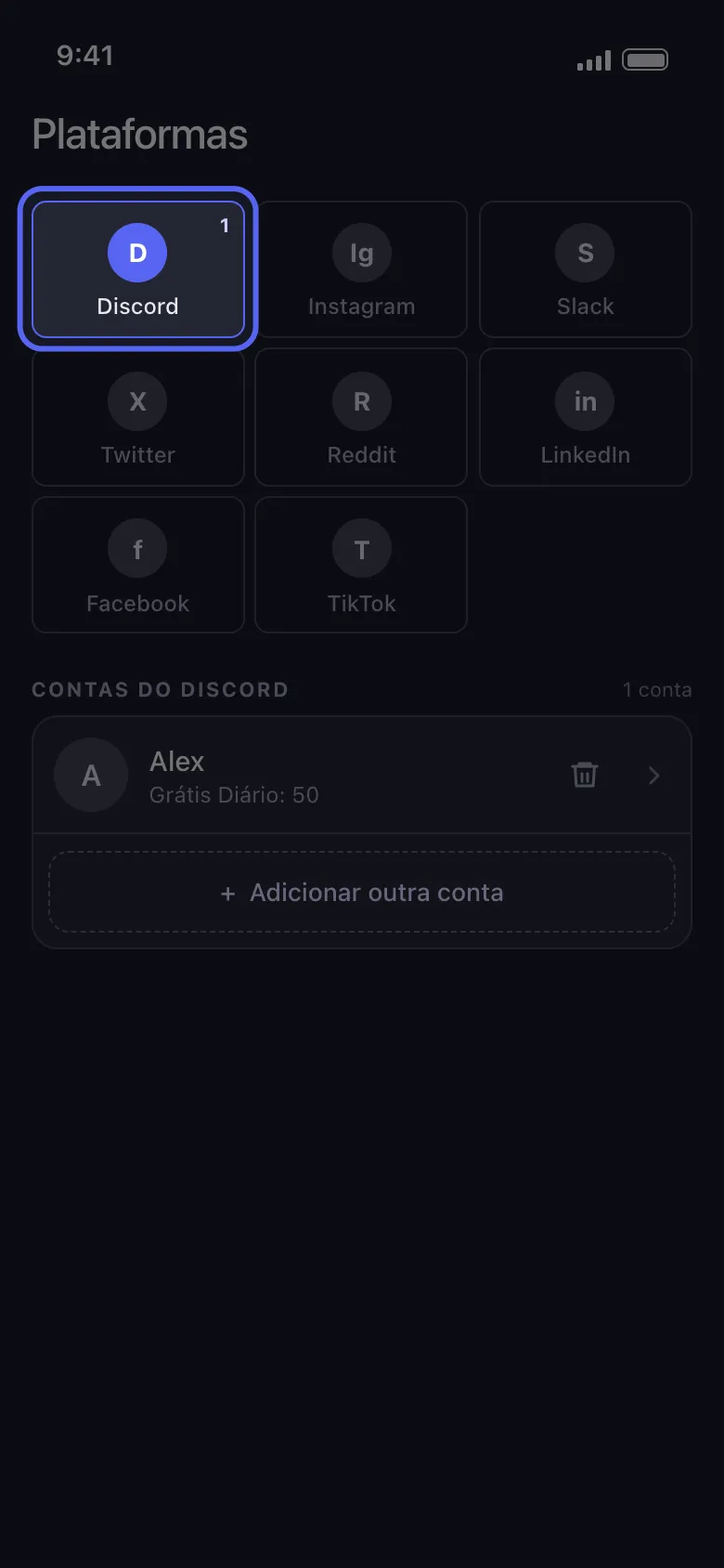 A tela "Plataformas" do Unpost com o bloco "Discord" selecionado e uma conta do Discord conectada.