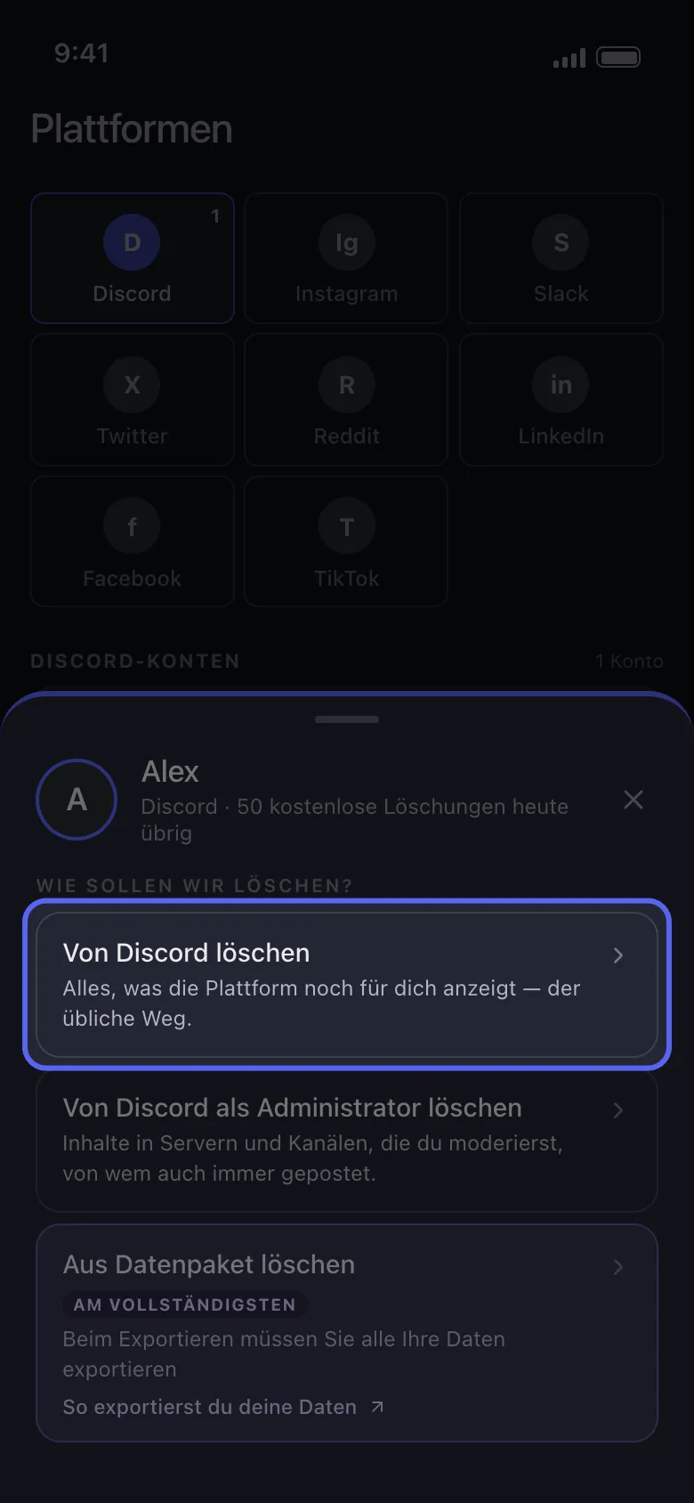 Unposts Kontomenu fur Discord mit den Optionen Von Discord loschen, Von Discord als Administrator loschen und Aus Datenpaket loschen, wobei die Standardloschung hervorgehoben ist