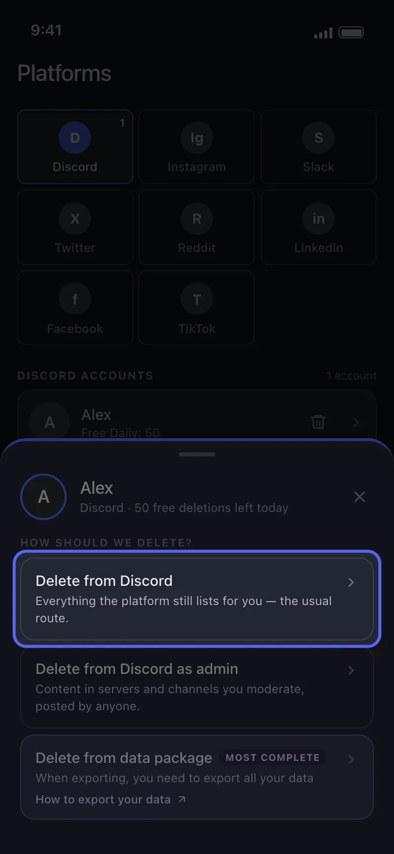 Unpost account sheet offering the three Discord cleanup modes