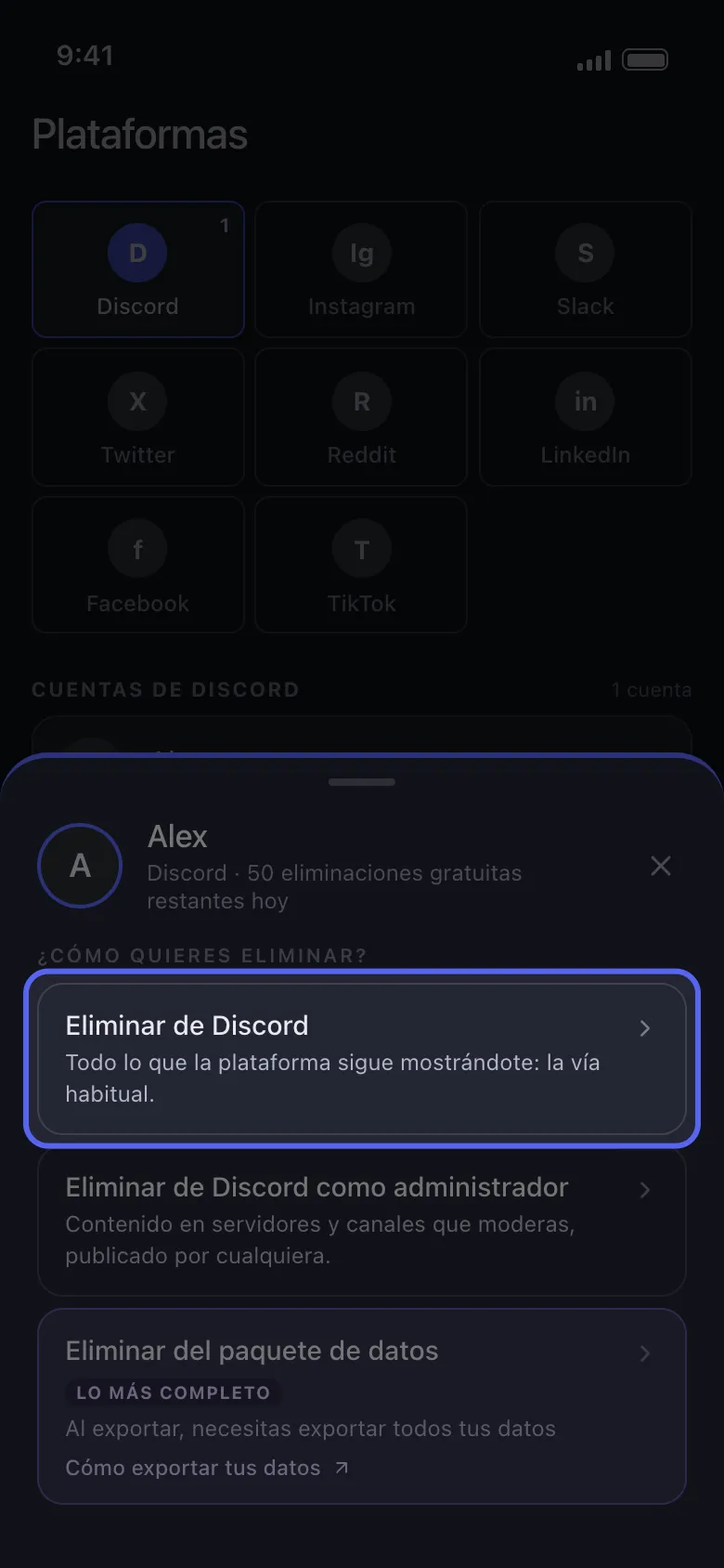 Hoja de cuentas de Discord en Unpost con los tres modos de limpieza y Eliminar de Discord resaltado como opcion estandar
