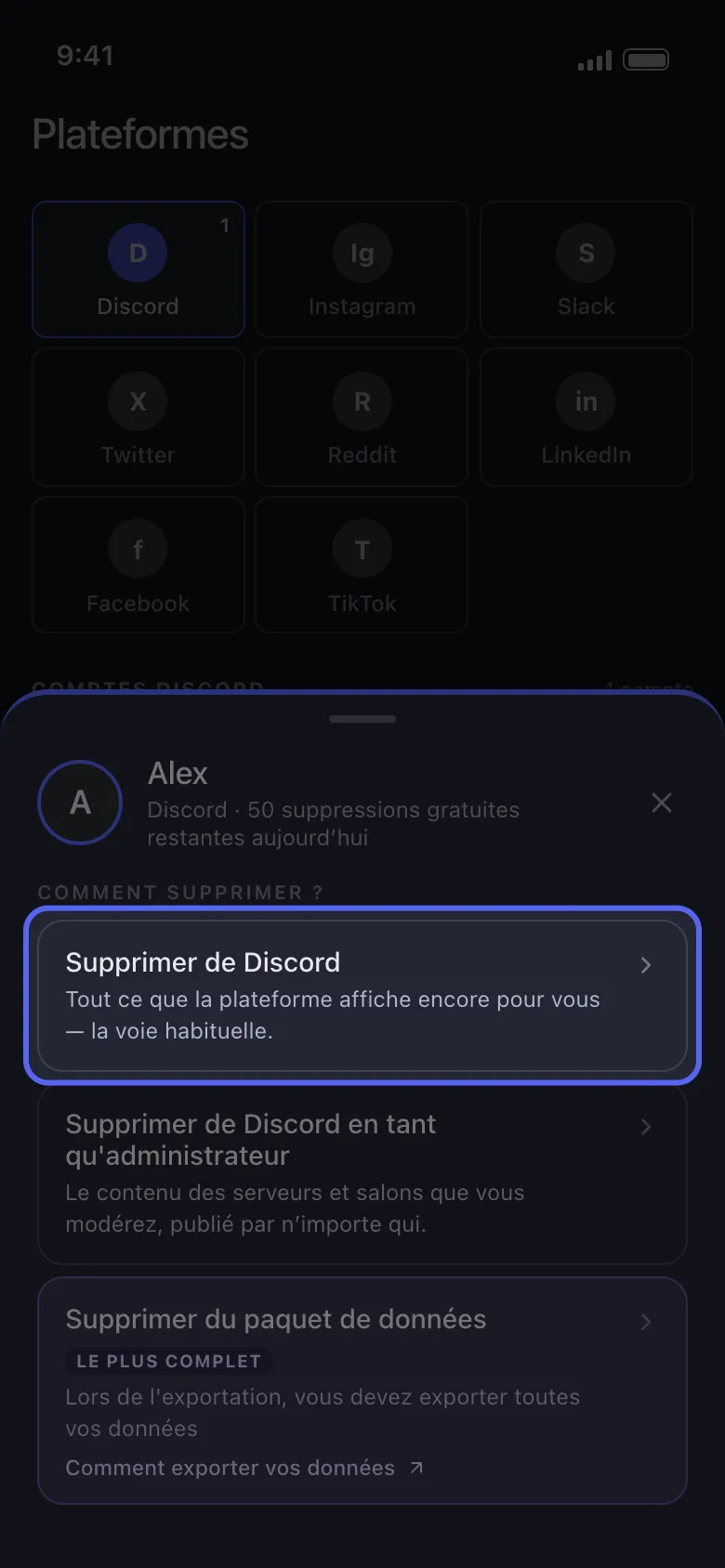 Feuille de compte Discord d'Unpost listant « Supprimer de Discord », « Supprimer de Discord en tant qu'administrateur » et « Supprimer du paquet de données », avec la suppression standard mise en avant