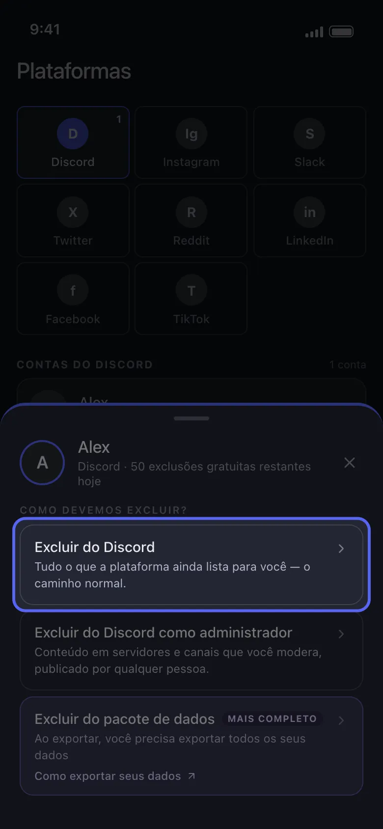 Folha de contas do Discord no Unpost listando Excluir do Discord, Excluir do Discord como administrador e Excluir do pacote de dados, com a exclusao padrao em destaque
