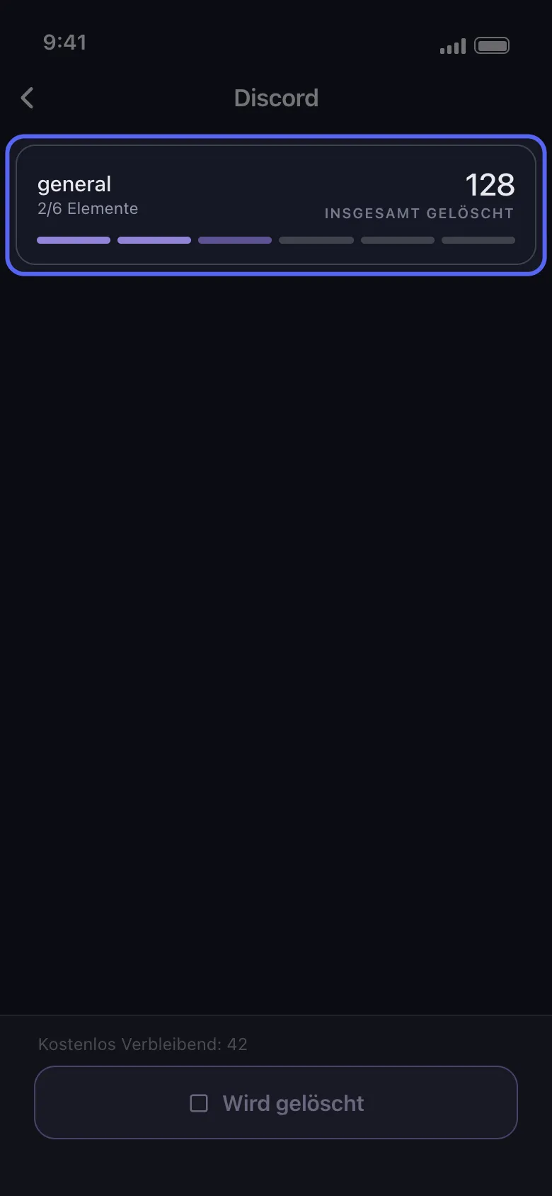 Unposts Discord-Statuskarte mit dem gerade bereinigten Kanal, 2 von 6 abgeschlossenen Elementen und 128 geloschten Nachrichten