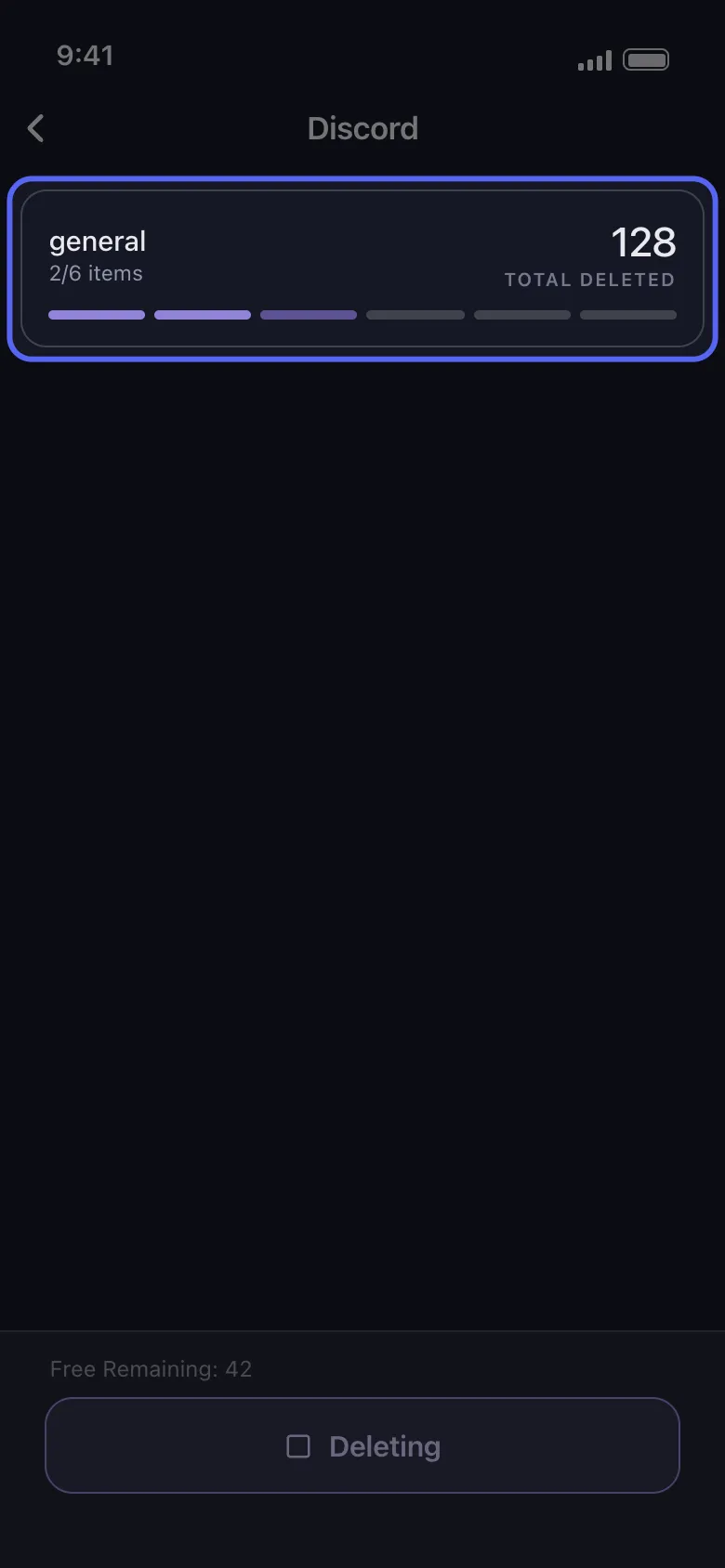 Unpost's Discord run card showing the channel being cleaned, 2 of 6 items finished and 128 messages deleted