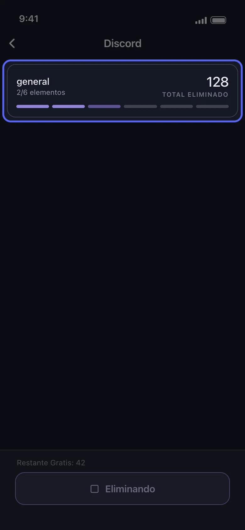 Tarjeta de progreso de Unpost mostrando el canal que se esta limpiando, 2 de 6 elementos terminados y 128 mensajes eliminados en total