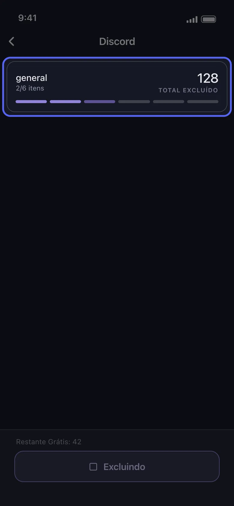 Cartao de progresso do Discord no Unpost mostrando o canal sendo limpo, 2 de 6 itens concluidos e 128 mensagens excluidas