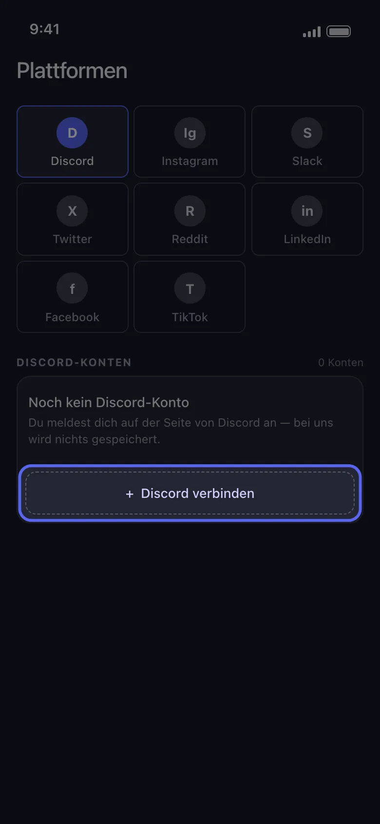 Unpost-Plattformbildschirm mit ausgewähltem Discord und hervorgehobener Schaltfläche „Discord verbinden“