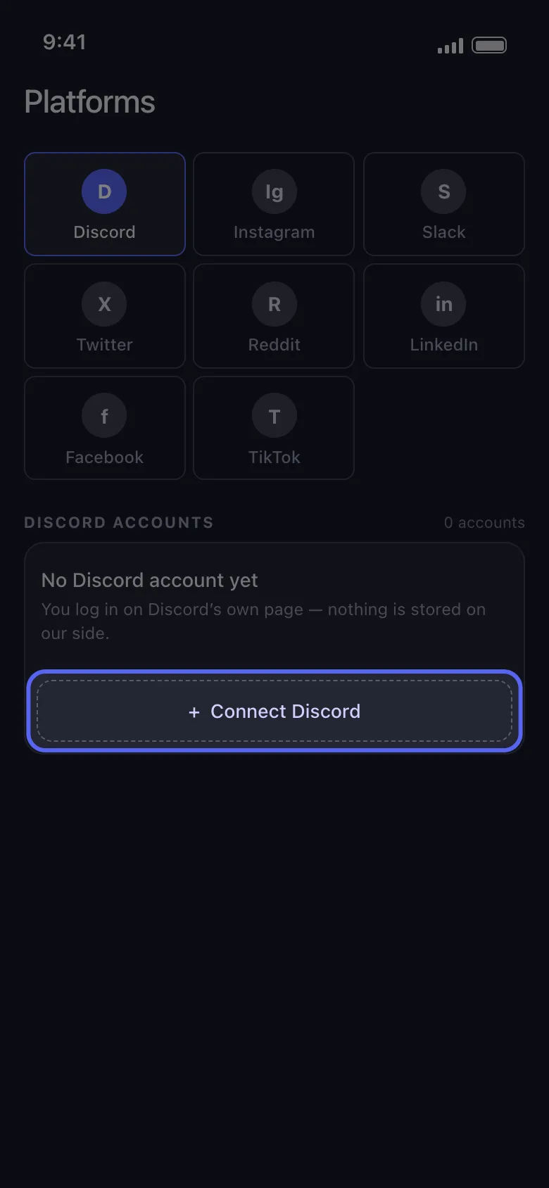 Unpost Platforms screen with Discord selected and the Connect Discord button highlighted