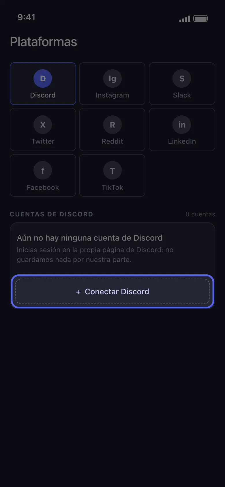 Pantalla de Plataformas de Unpost con Discord seleccionado y el botón Conectar Discord resaltado