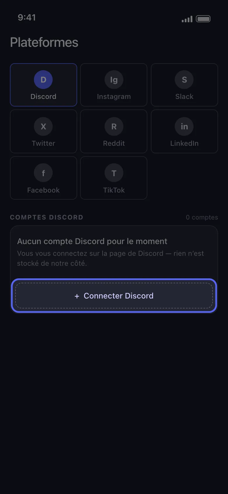 Écran Plateformes d'Unpost avec Discord sélectionné et le bouton Connecter Discord mis en évidence