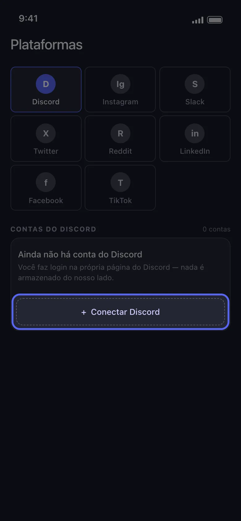 Tela de Plataformas do Unpost com o Discord selecionado e o botão Conectar Discord em destaque