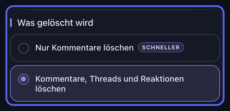 Unpost-Karte „Was gelöscht wird“ für Discord mit den Optionen „Nur Kommentare löschen“ und „Kommentare, Threads und Reaktionen löschen“