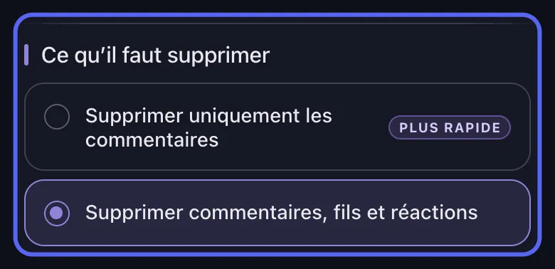 Carte Unpost « Ce qu'il faut supprimer » sur Discord avec les options Supprimer uniquement les commentaires et Supprimer commentaires, fils et réactions