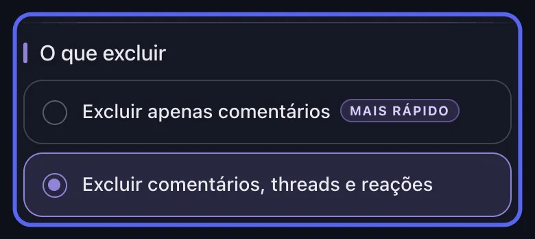 Cartão "O que excluir" do Discord no Unpost com as opções Excluir apenas comentários e Excluir comentários, threads e reações